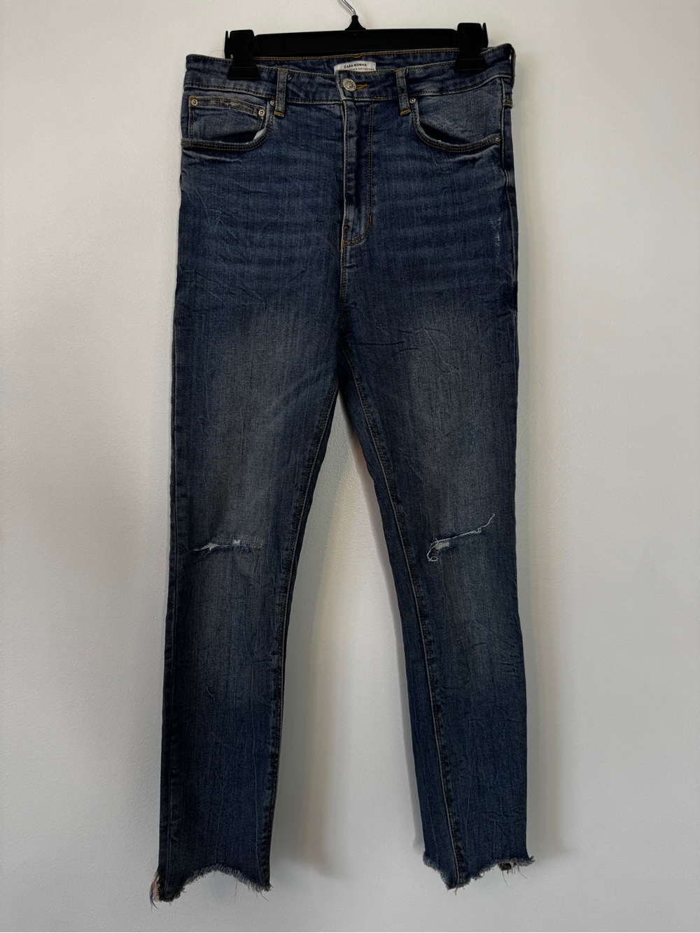 Zara Woman Distressed Jeans Denim Raw Hem High Rise Skinny Stretch Blue Sz 8